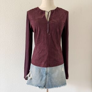 90s Burgundy Faux Suede Long Sleeve Blouse w/ Front Tie Detailing Boho Peasant